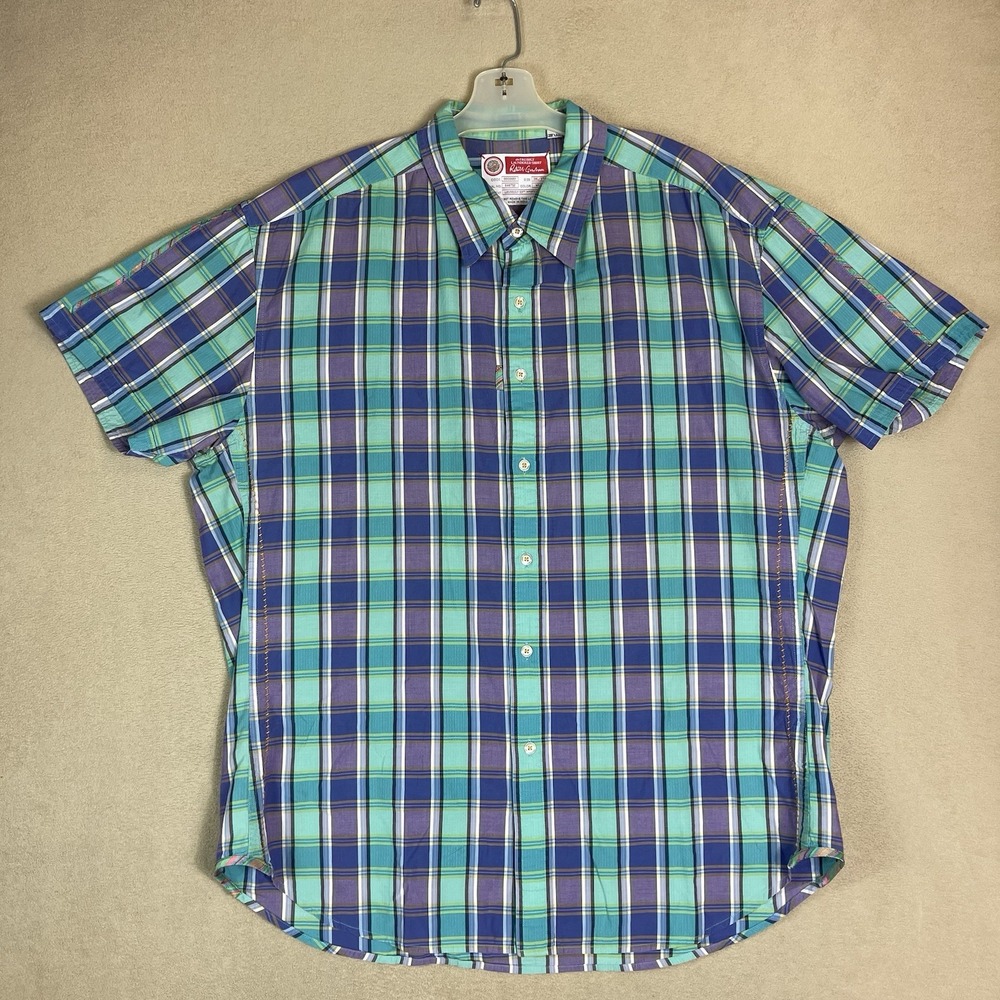 Robert Graham Shirt Mens 3XL Teal Purple Plaid Cotton Short Sleeve Button Down